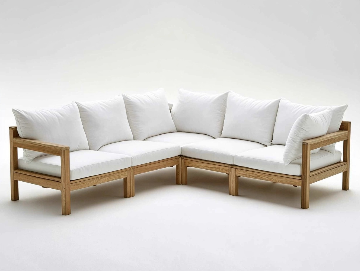 Sofá Modular Esquinero de Exterior en Madera con Cojines Blancos