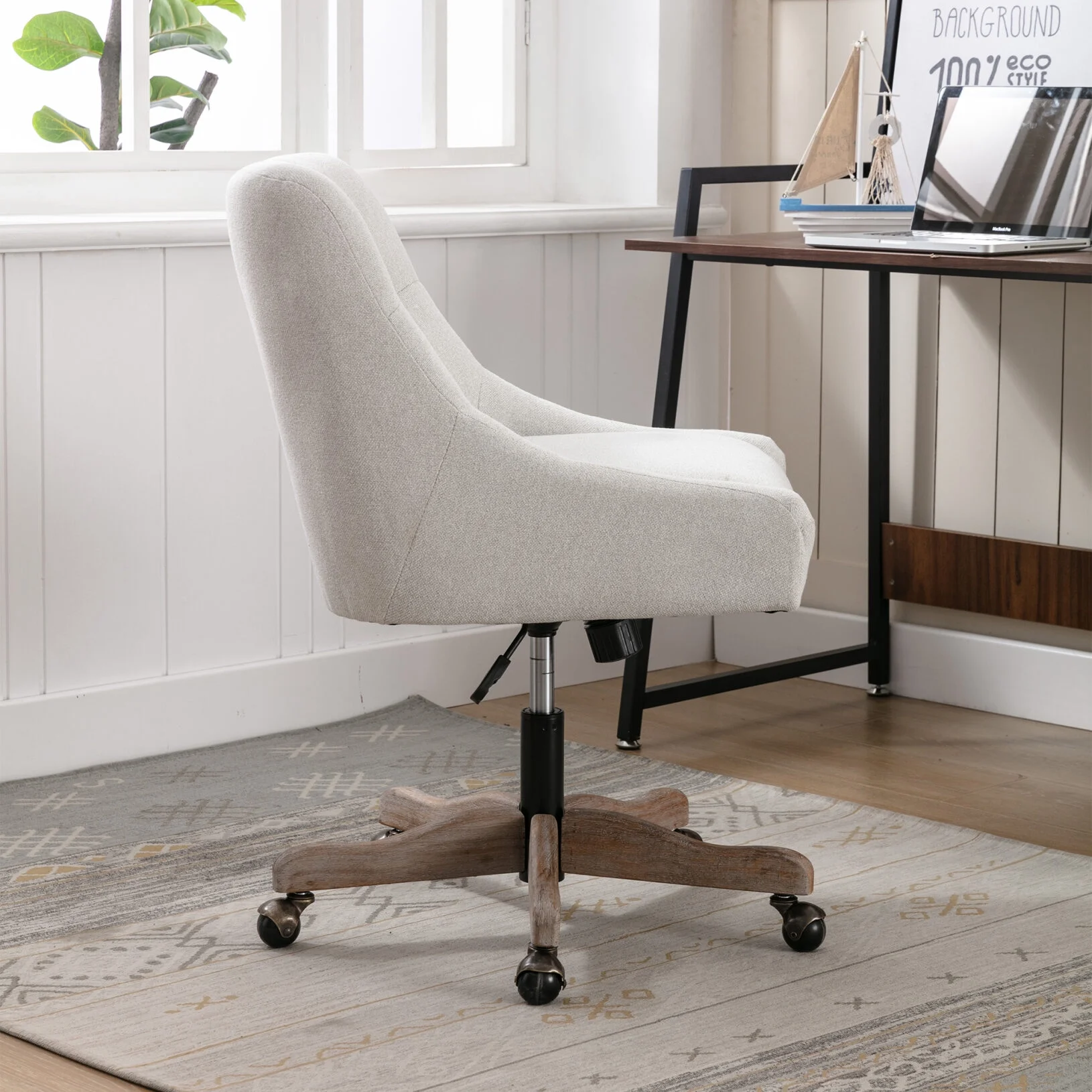 360 Degree Swivel Office Desk Chair, Upholstered Leisure Vanity Chair with Solid Wood Base and Wheels, Adjustable Height Computer Chair for Bedroom Living Room, Brown - Image 12