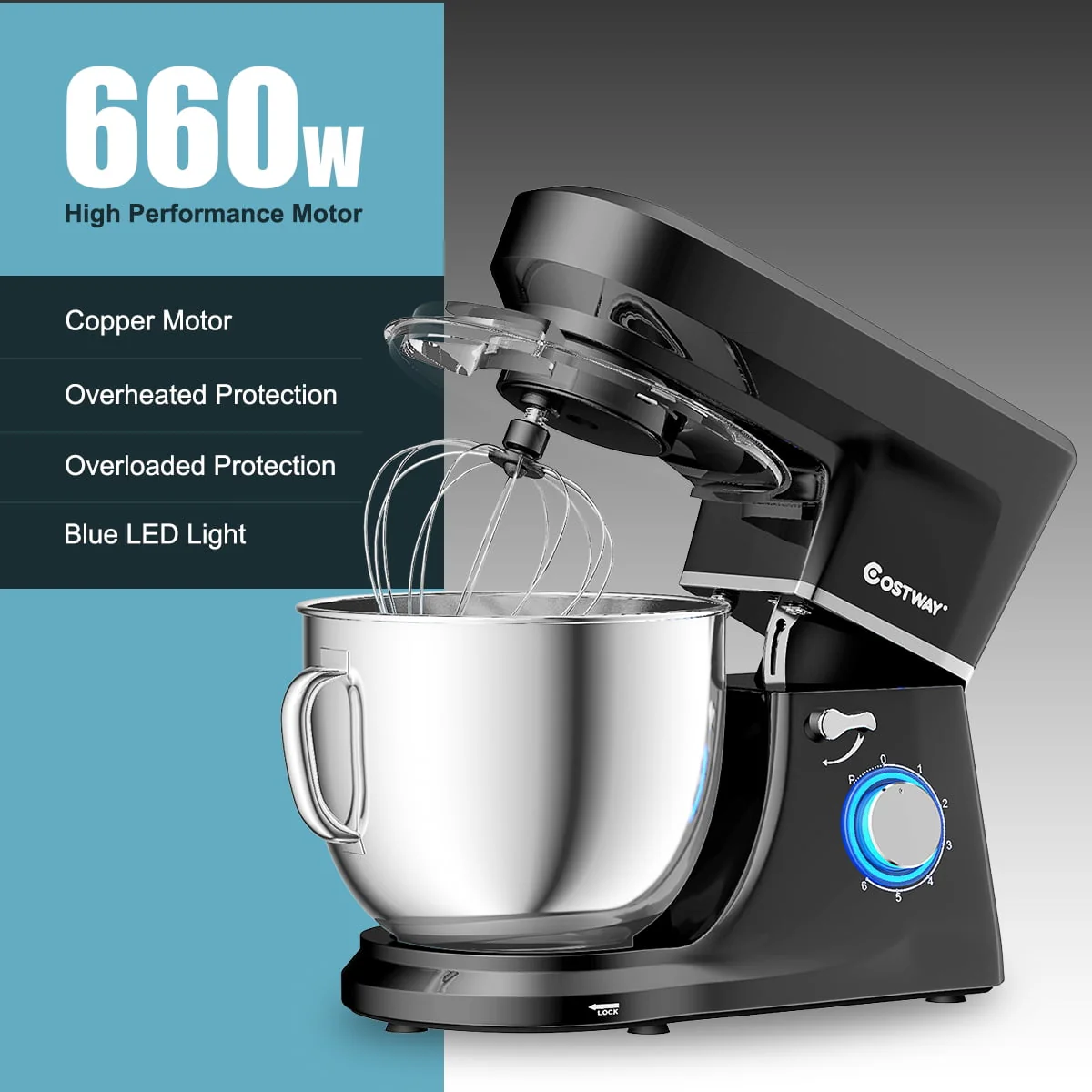 Costway Tilt-Head Stand Mixer 7.5 Qt 6 Speed 660W with Dough Hook, Whisk & Beater Black - Image 8