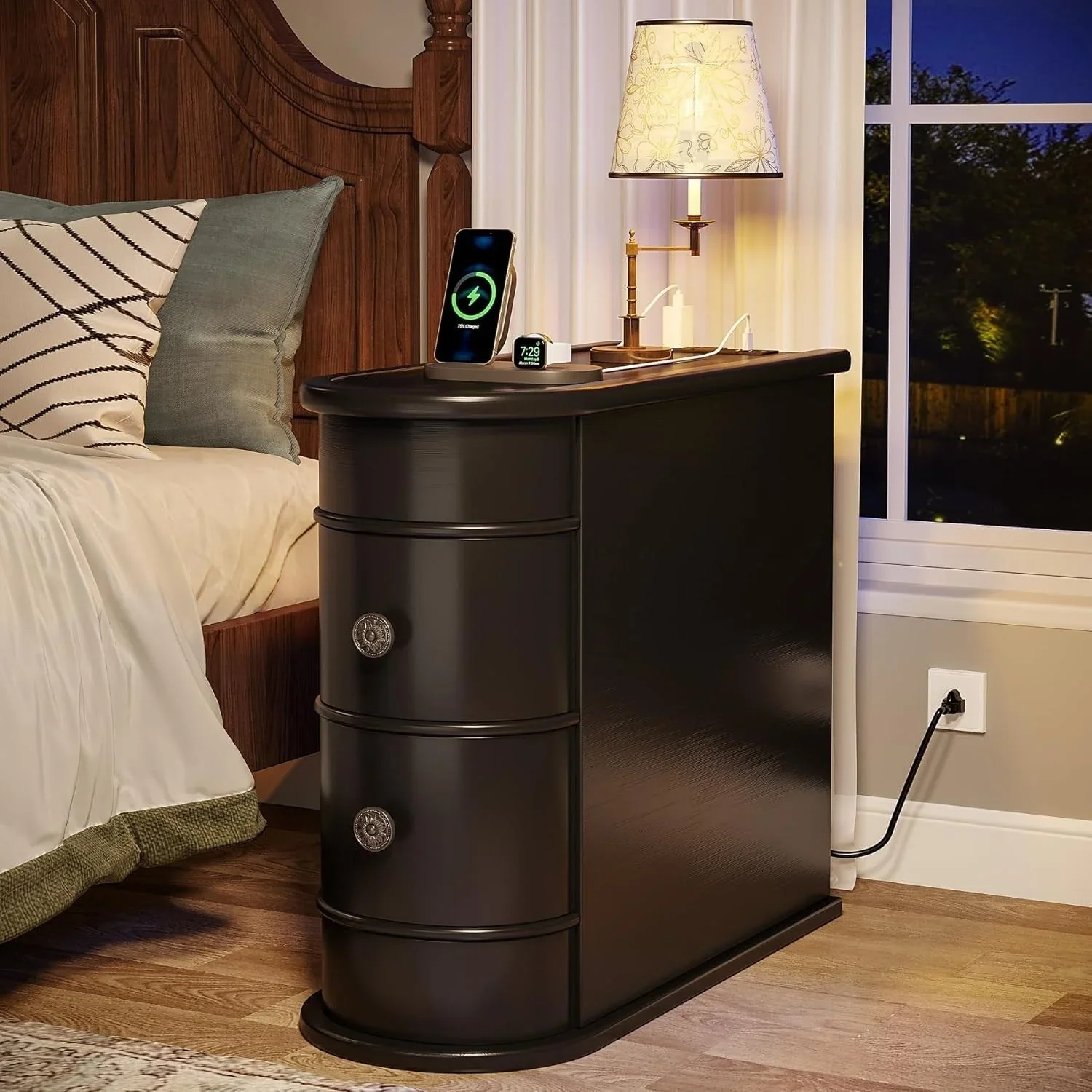 Solid Wood Chairside End Table, Two-Drawer Narrow Side Table Slim