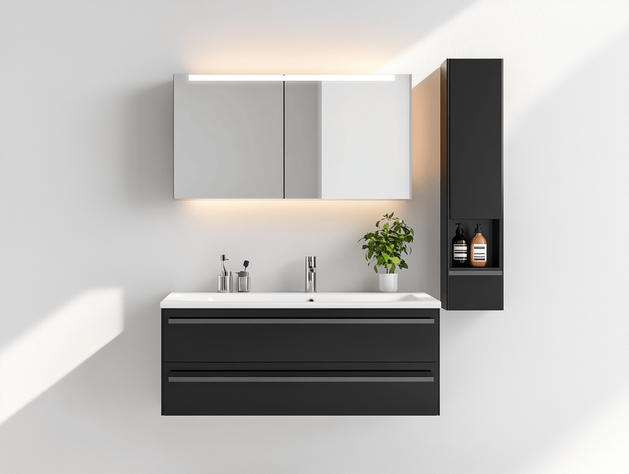 Mueble de baño moderno suspendido con espejo y armario lateral iluminado