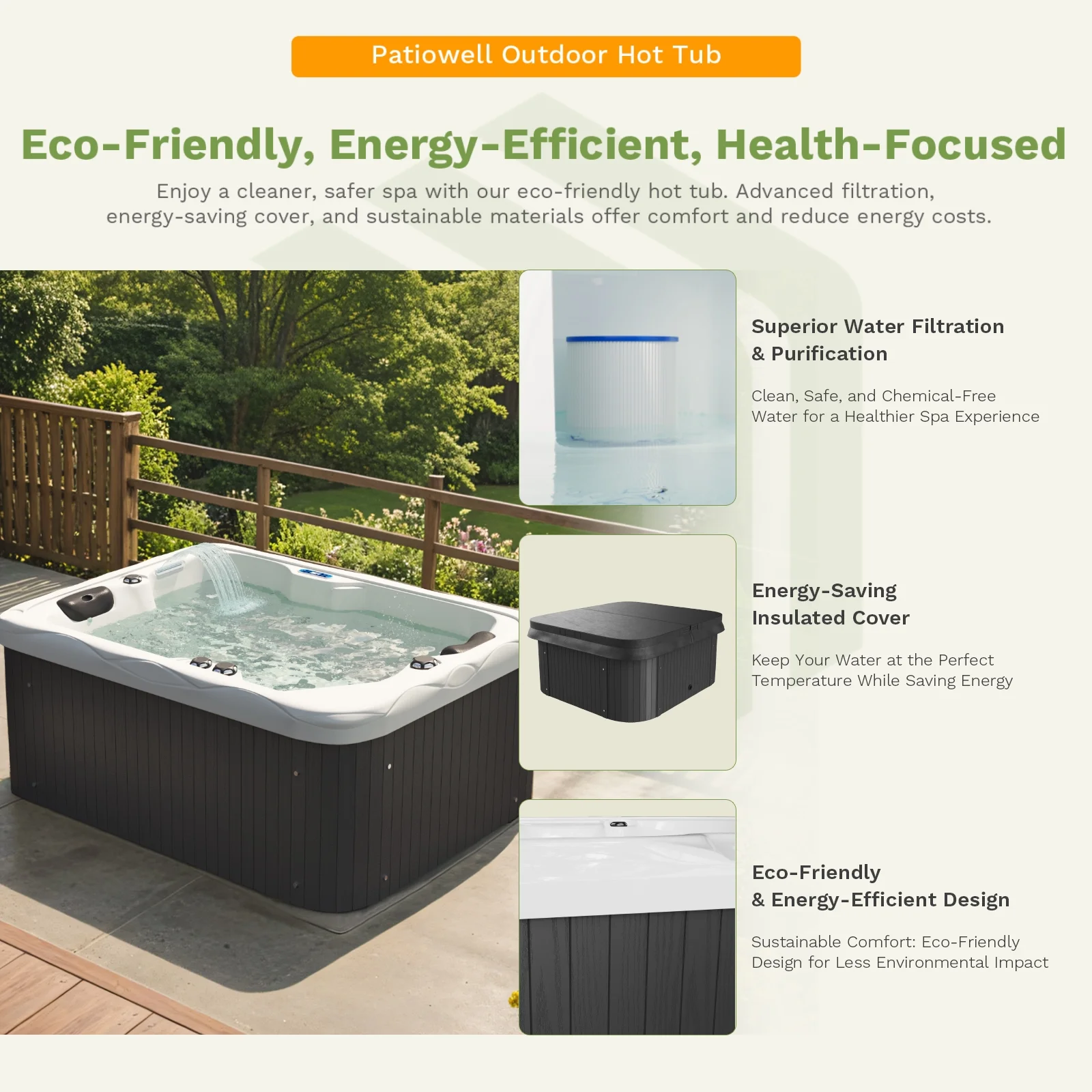 Patiowell 2 Person Home Spa Hot Tub for Outdoor, with 41pcs Massage Jets, LED lighting, Built-In Water Purification System, 900L, Black - Image 7