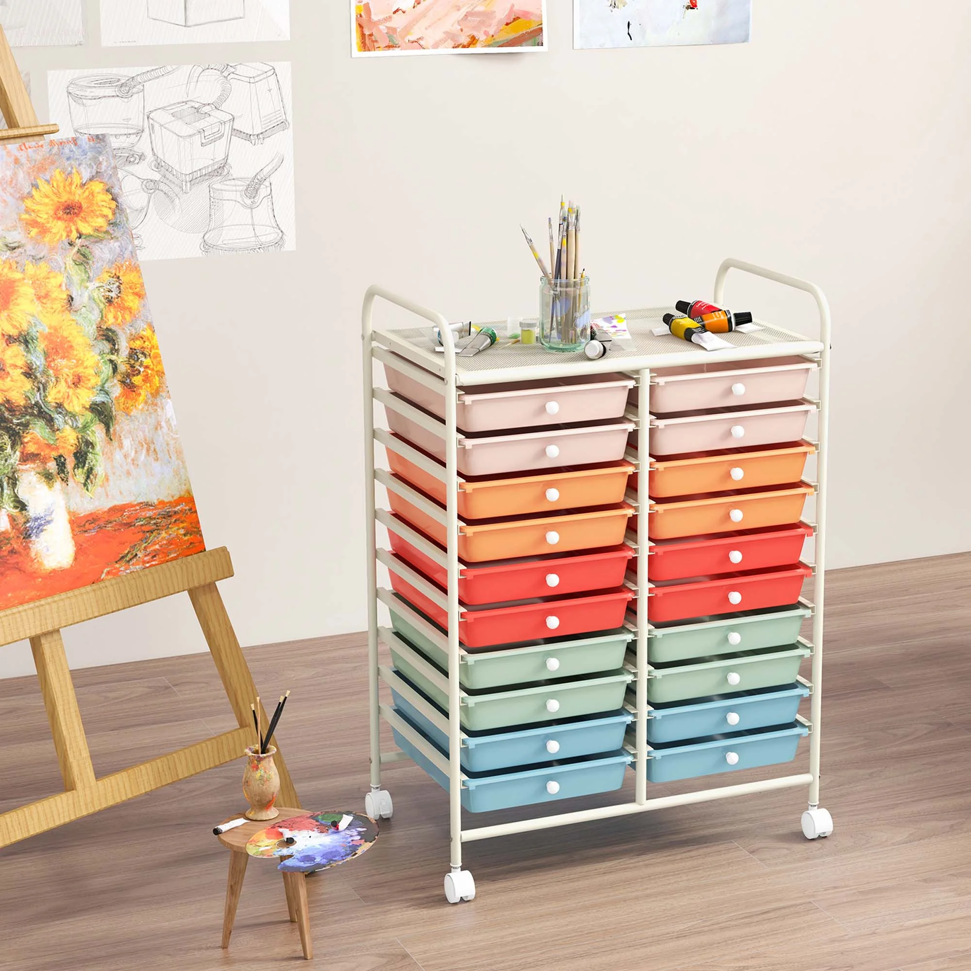 Costway 20 Drawer Rolling Storage Cart Tools Scrapbook Paper Office School Organizer Yellow - Image 26
