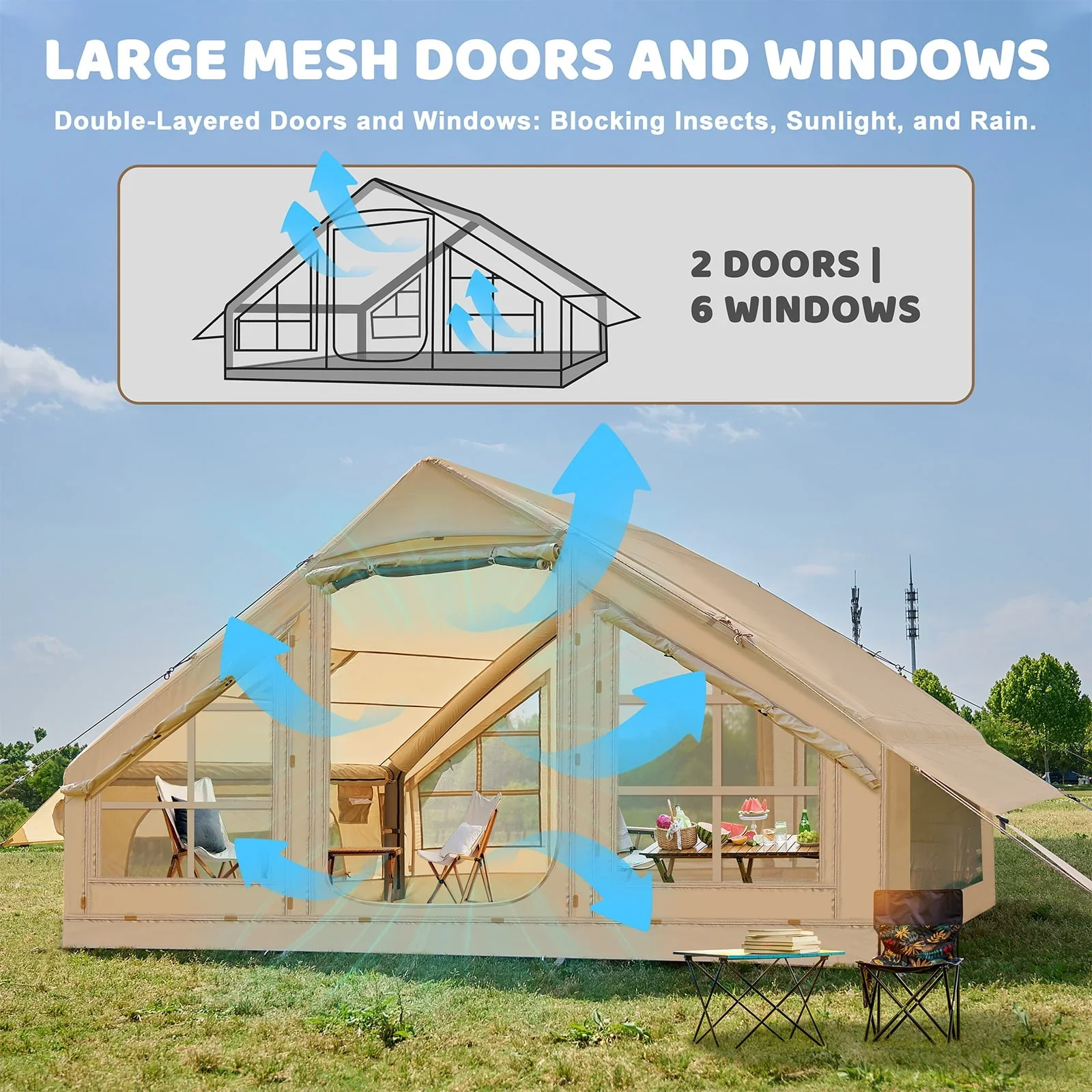6 Person Inflatable Camping Tent with Pump, 10ft x7ft Glamping Family Tent Easy Setup 4 Season Waterproof Windproof Outdoor Blow Up Tent Luxury Oxford Cabin with Mesh Windows & Doors  sgtnighsdesigns