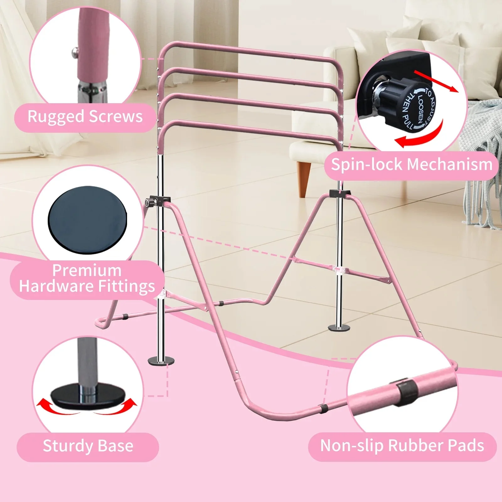 Expandable Gymnastics Bar For Kids, Folding, Height Adjustable 35-51 in, Pink - Image 4 Expandable Gymnastics Bar For Kids, Folding, Height Adjustable 35-51 in, Pink - Image 4