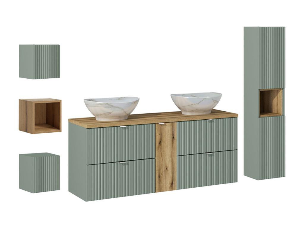 Conjunto de muebles con doble lavabo 140cm 4 cajones columna y 3 armarios de pared Jade Verde y Madera