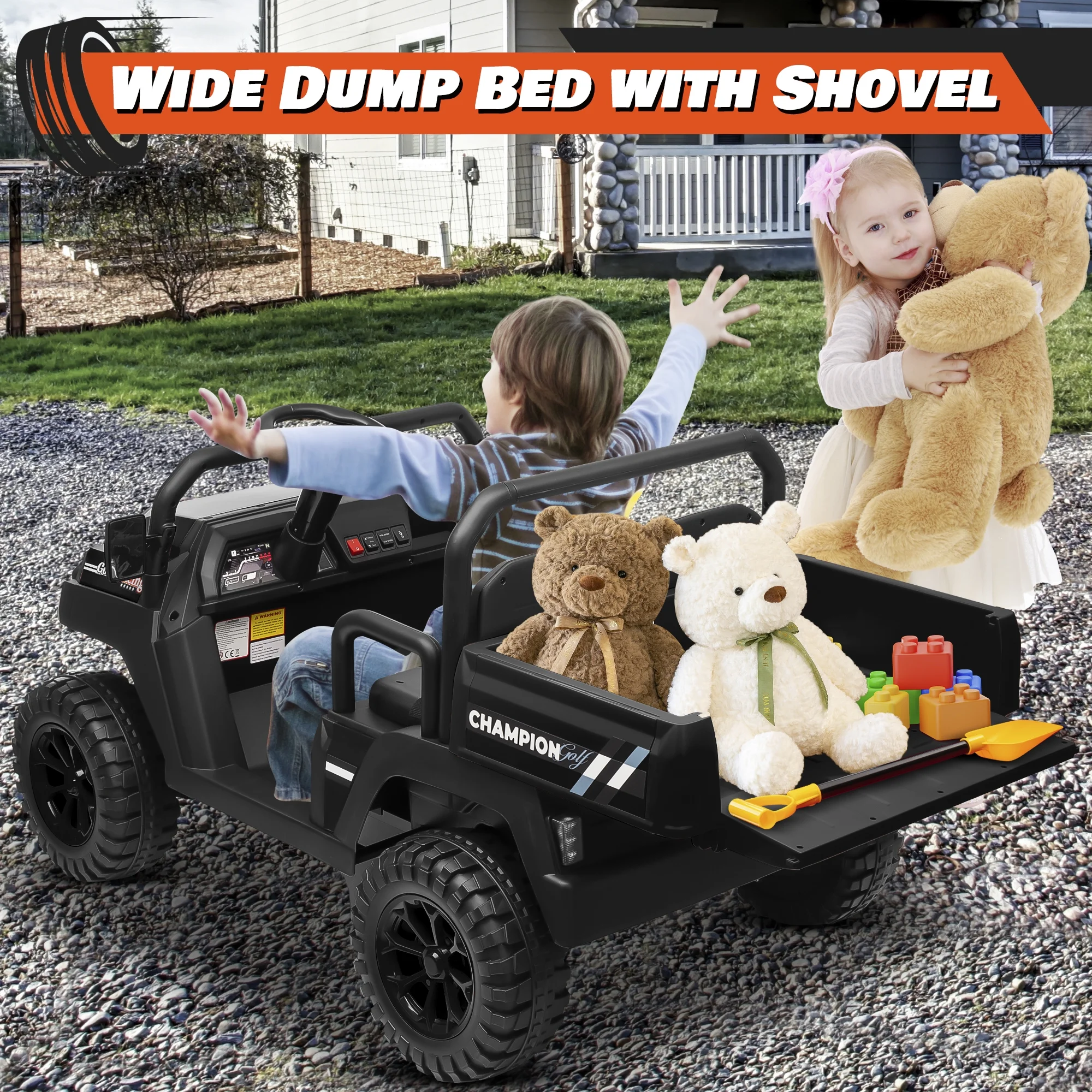 Joyracer 4WD 24 Volt Ride on Toys UTV with 2 Seater & Remote Control, Kids Electric Golf Cart w/ 4x200W Power Motors, Tiltable Trailer & Shovel, 4 Wheels Spring Suspension, Bluetooth USB Music, Black - Image 4