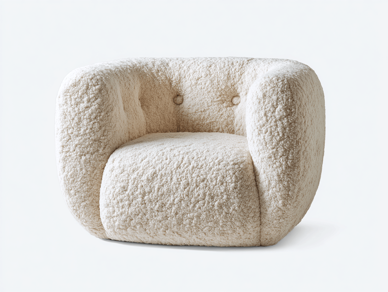 Sillón tapizado en bouclé crudo – estructura envolvente con botones decorativos en el respaldo