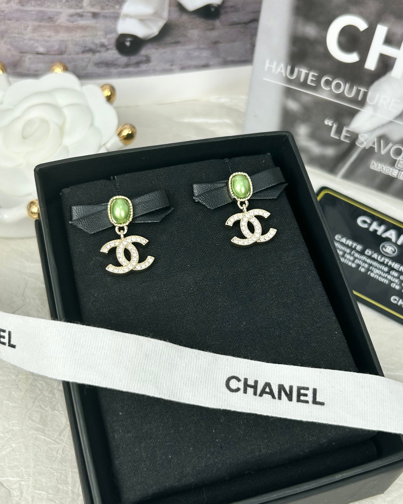 Chanel Leather Bow Green Pearl CC Dangle Earrings - Original Replica Club