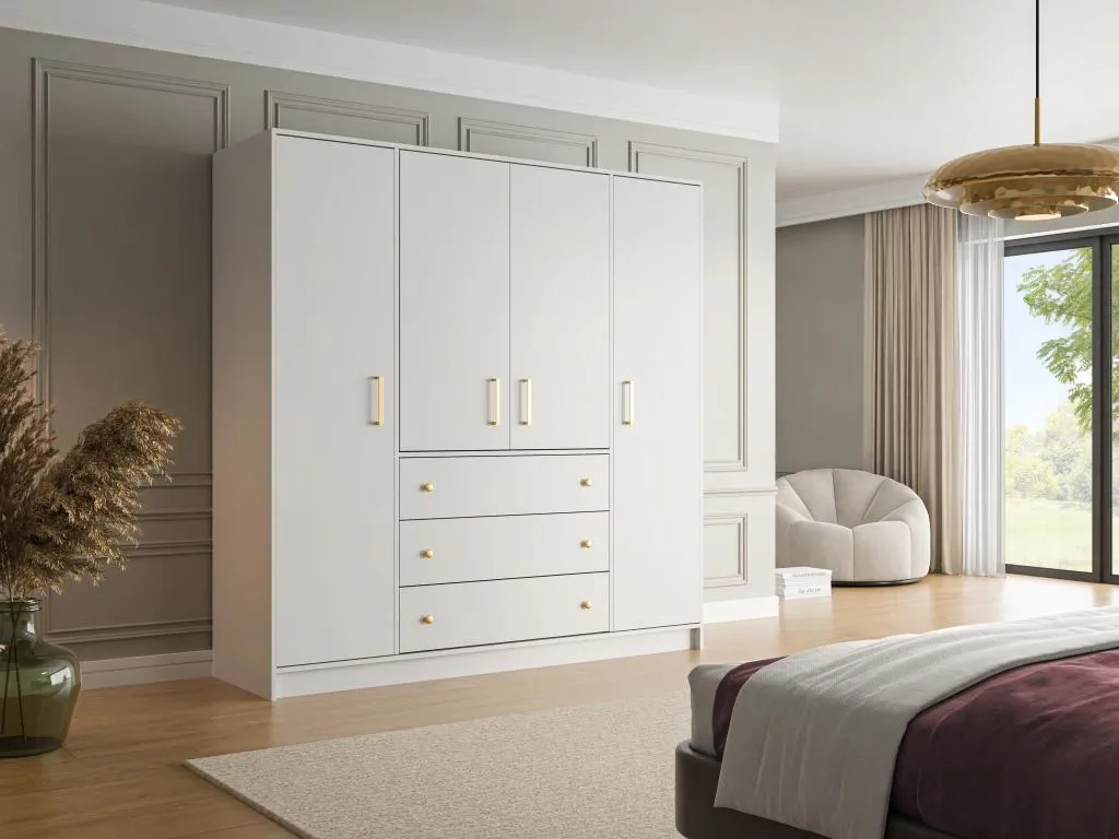 Armario de 4 puertas y 3 cajones 196 cm blanco Nidovia. kok993125