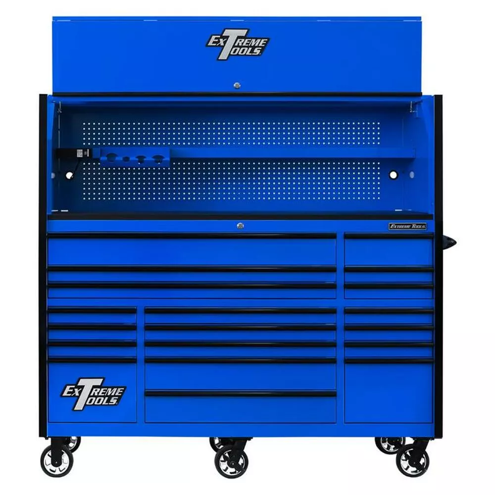 Extreme Tools 72" RX Series 19-Drawer 30" Deep Roller Cabinet w/Hutch - Blue w/Black Drawer Pulls