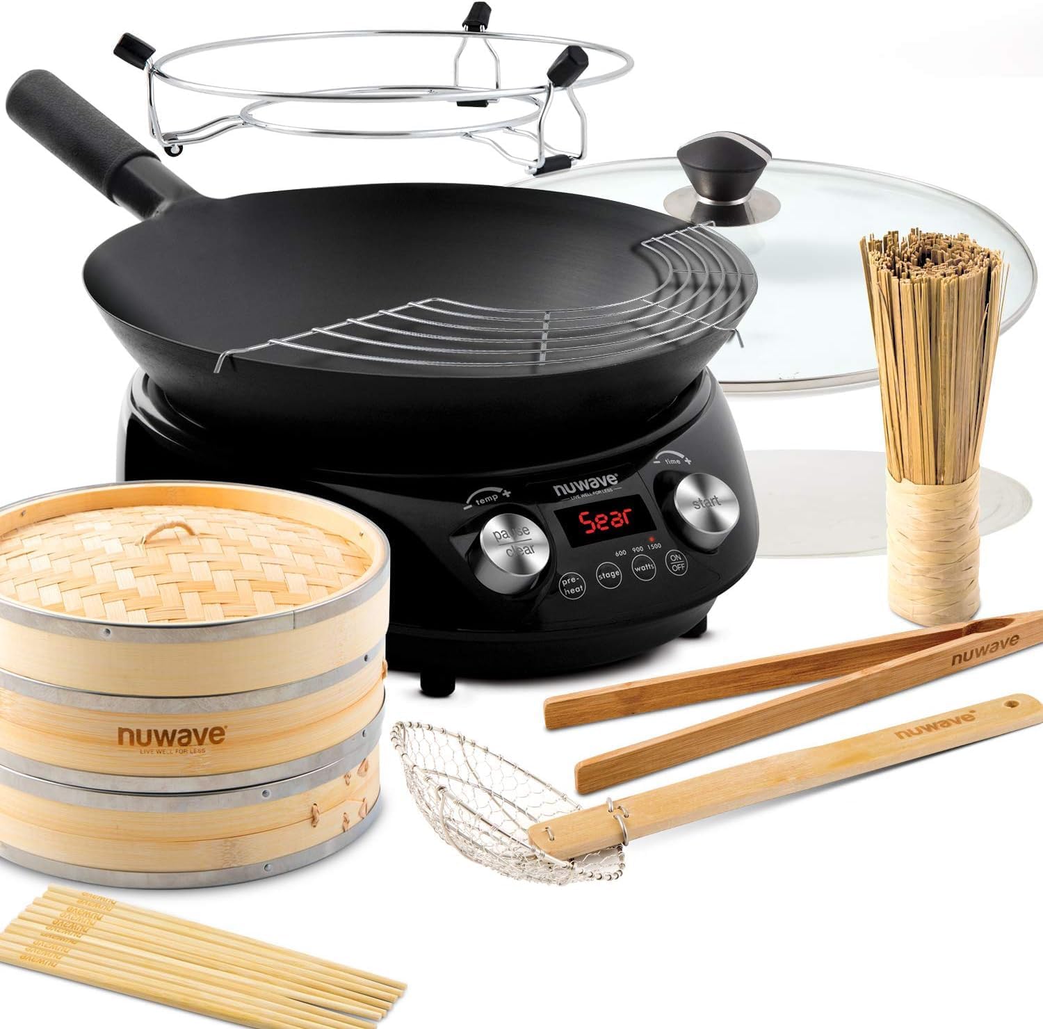 Nuwave Mosaic Induction Wok, Precise Temp Controls from 100°F to 575°F in 5°F, Wok Hei, Infuse Complex Charred Aroma & Flavor, 3 Watts 600,900 & 1500, Authentic 14-inch Carbon Steel Wok Included,Black