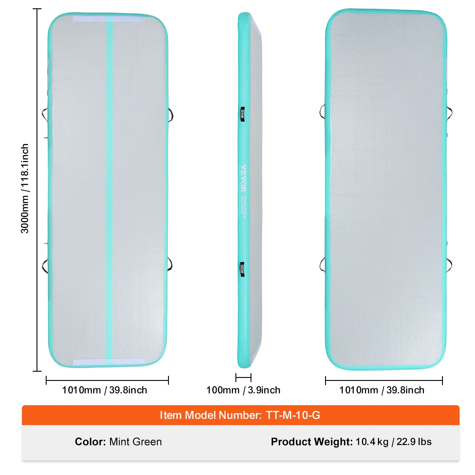 VEVOR Gymnastics Air Mat, 4 inch Thickness Inflatable Gymnastics Tumbling Mat, Tumble Track with Electric Pump, Training Mats for Home Use/Gym/Yoga/Cheerleading/Beach/Park/Water, 10 ft, Mint Green - Image 6