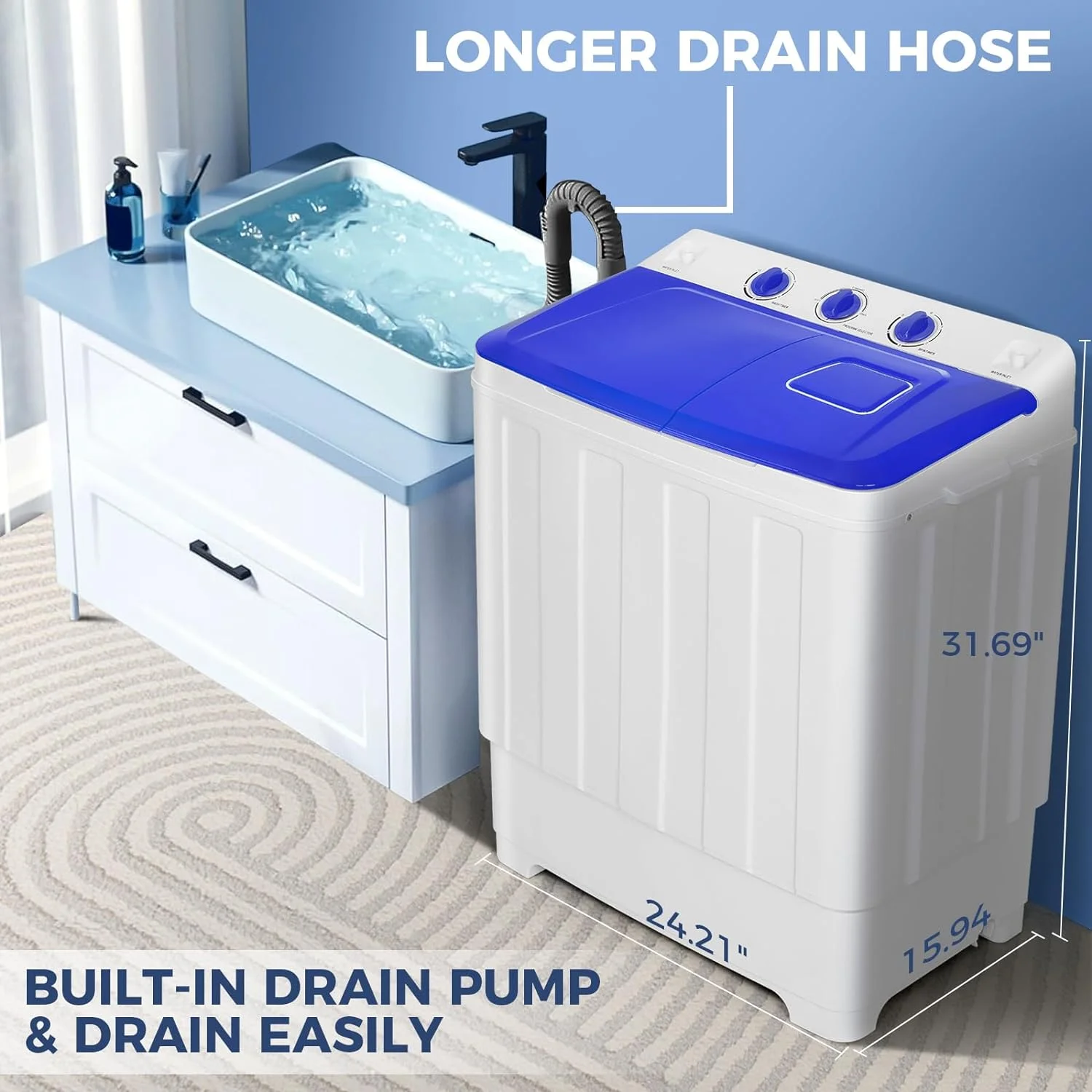 Qhomic Portable Washer 30lbs, 2-in-1 Twin Tub Washer & Dryer Combo Compact Semi-Automatic Washing Machine with Drain Pump, Black - Image 14