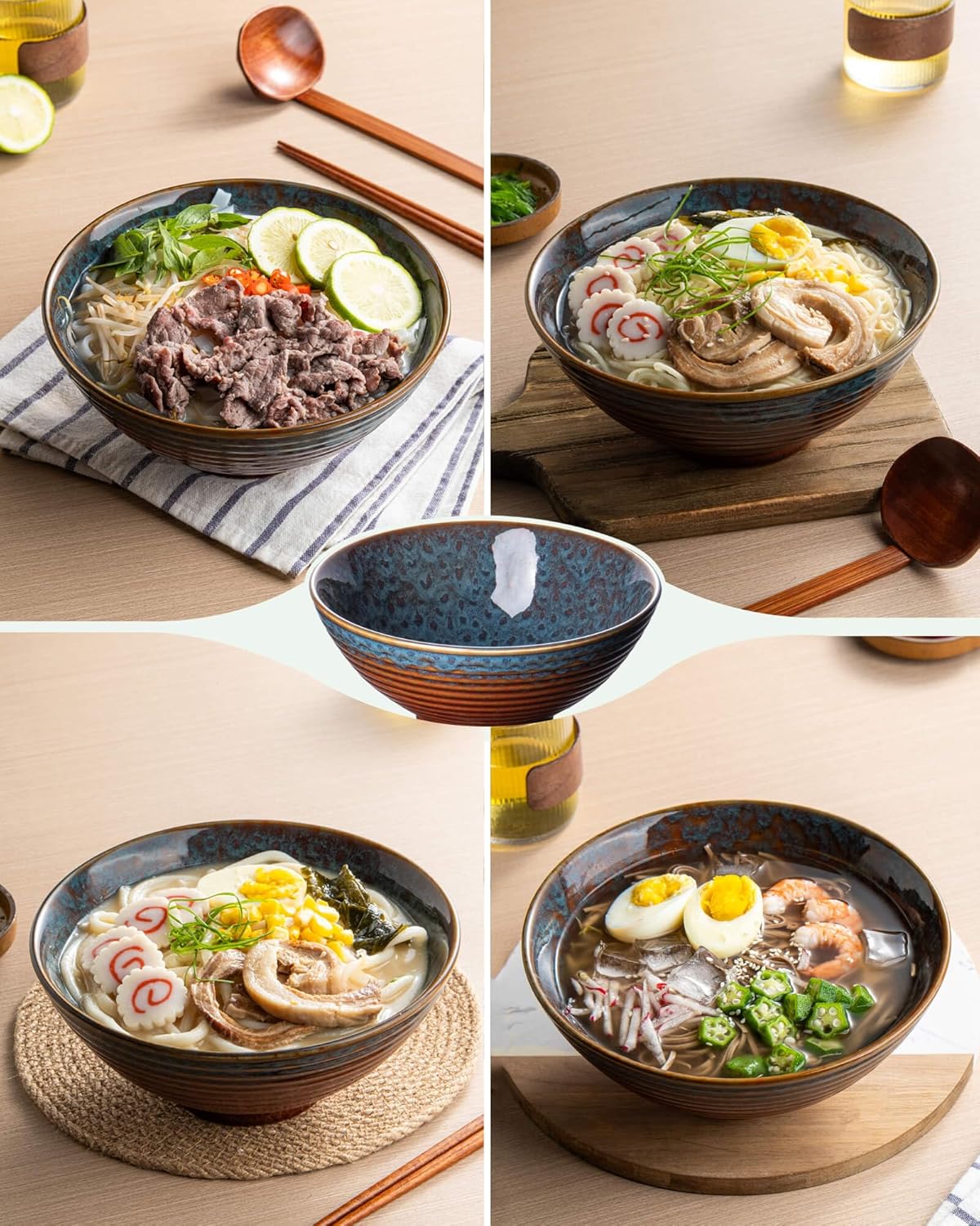 8 Inch 40oz Large Japanese Ramen Bowl Set of 2,Material Safety Ceramic Ramen Bowls with Matching Chopsticks and Spoons, Pho Bowls Ramen Noodle Bowl for Asian Udon Soup Salad Cereal(Peacock Tail)