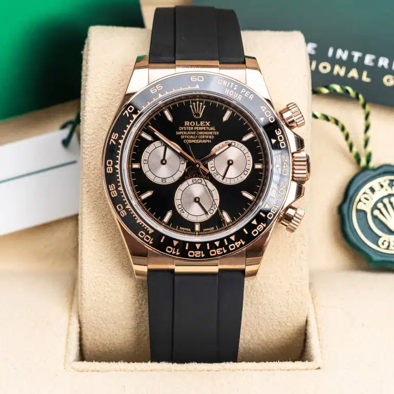 Replica Rolex Cosmograph Daytona Rose Gold Black Dial Rubber Strap 40mm