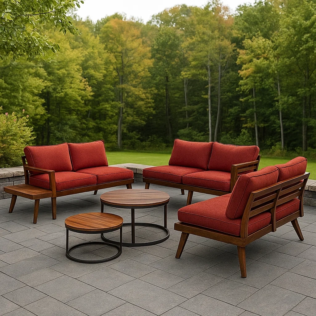 Muebles de salón para jardín,3 sofás de 2 plazas,con cojines rojos y 2 mesas de centro redondas,instalación fija,sofá 140x80x70 cm,mesa grande,diámetro 70x40 cm,mesa pequeña,diámetro 50x35 cm. - JXSX7Reet63C