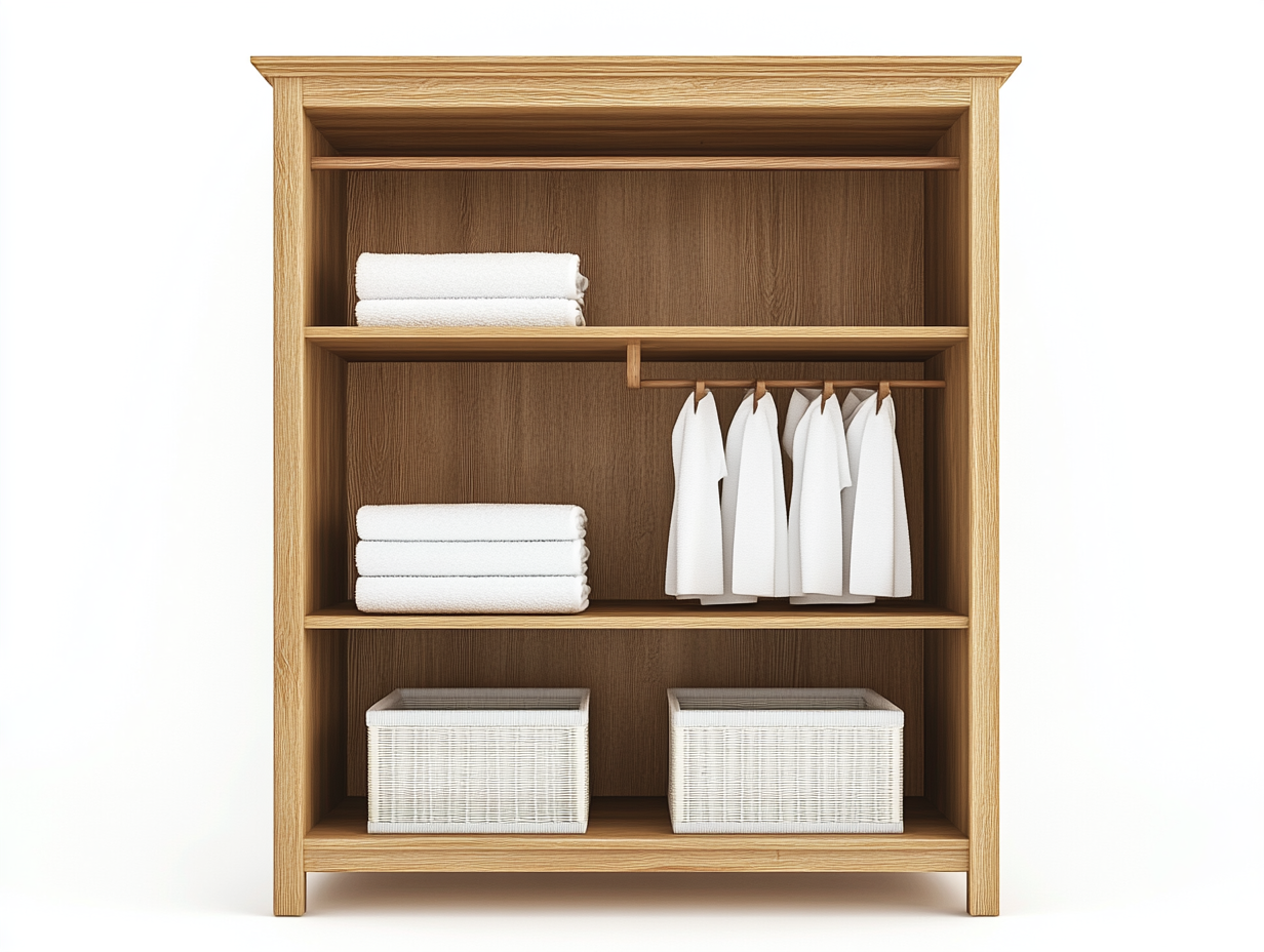 Armario de madera para ropa y toallas con estantes y barra colgante