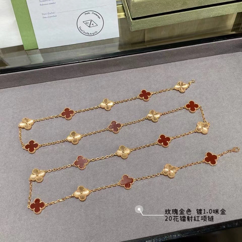 VCA Vintage Alhambra Rose Gold Mixed Carnelian Clover Long Necklace - Original Replica Club