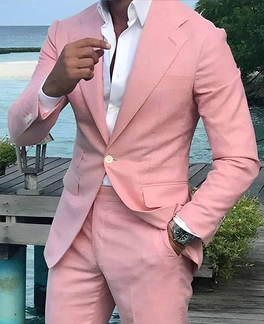Business Pink Button Pockets Notch Lapel Blazer & Pants 2Pcs Set