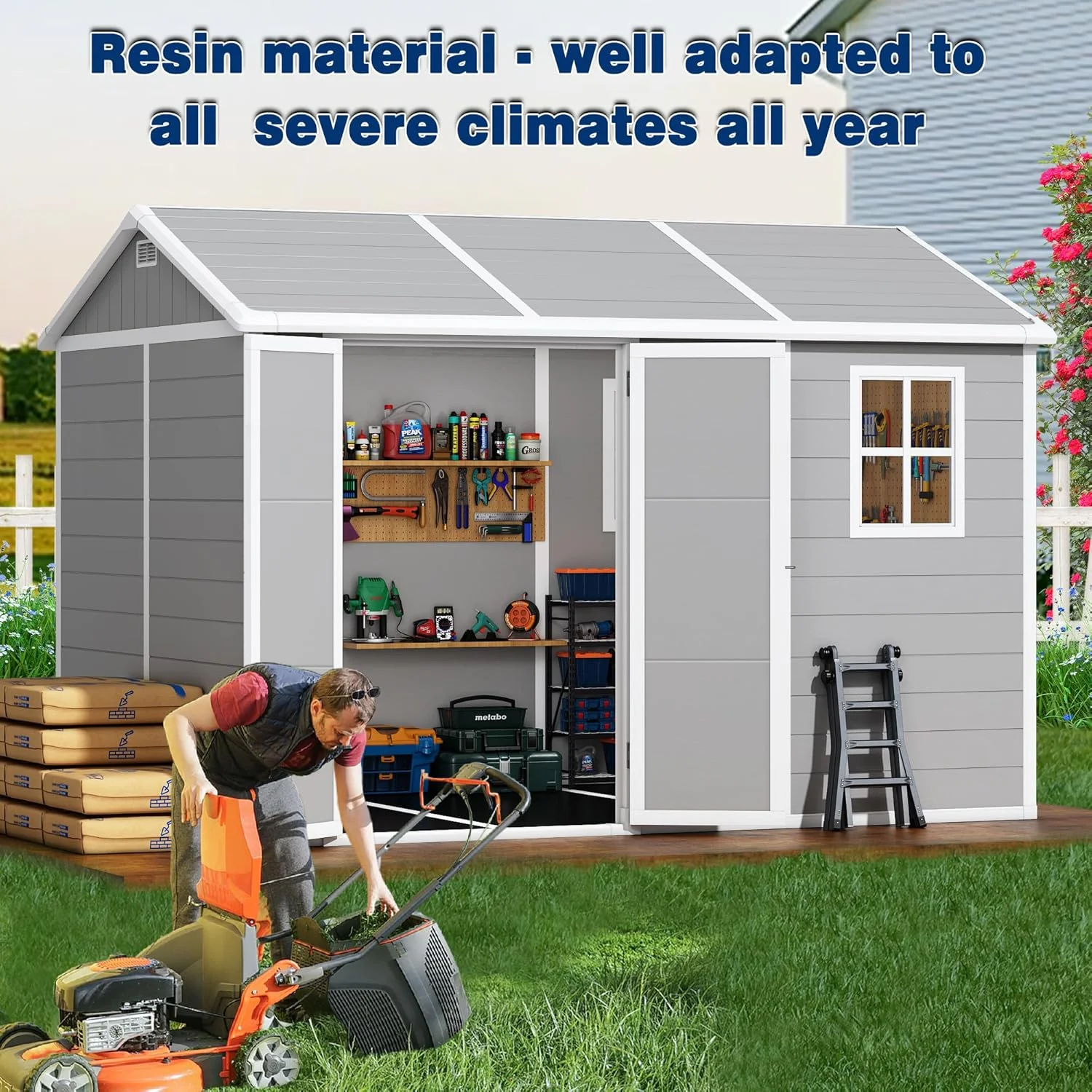 9 x 5.8 FT Outdoor Storage Shed, Linor Resin Shed with Floor, Window, and Vents, Weather-Resistant Garden Shed for Garden Tool Outside Sheds, Bike Shed, Backyard Shed - Image 14