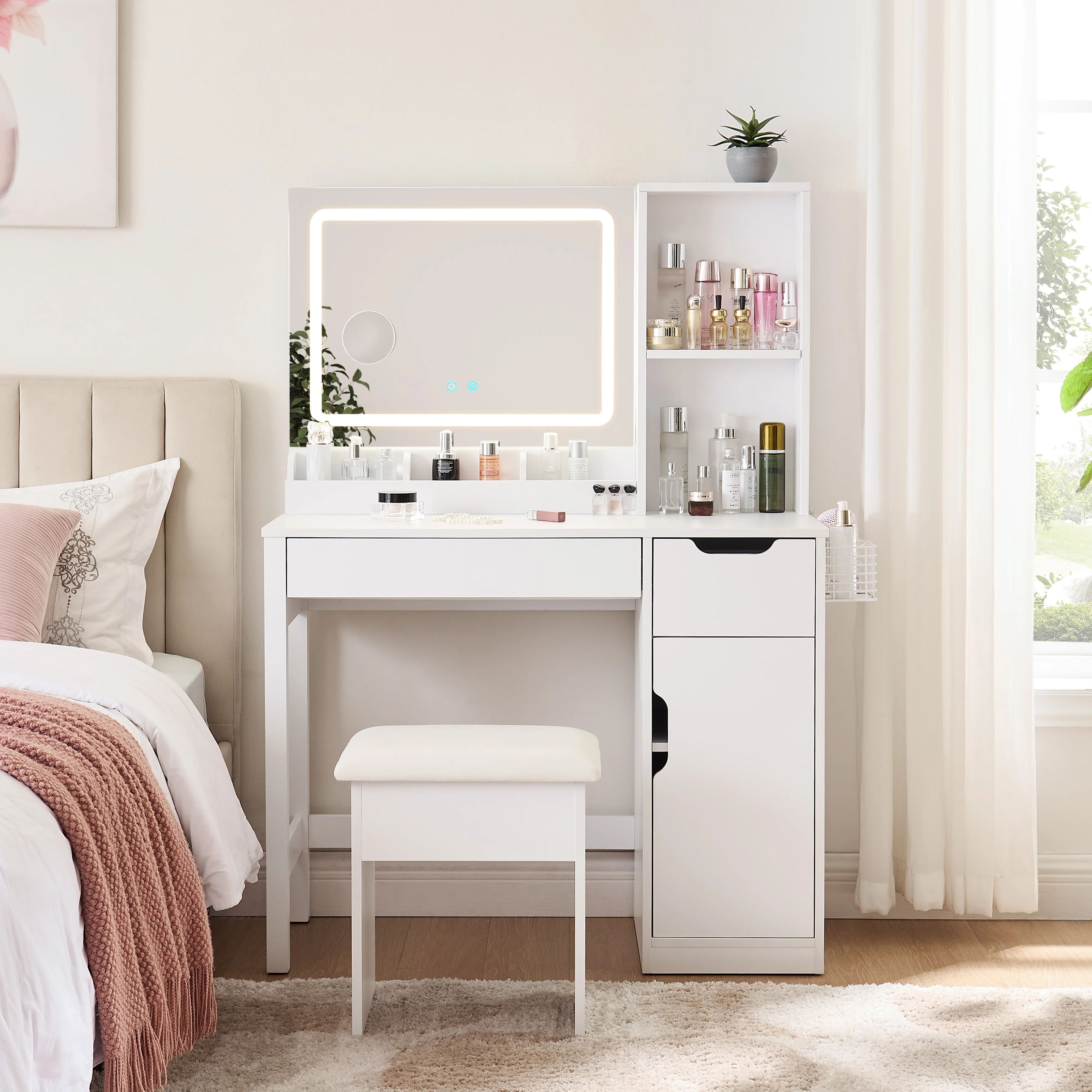 Mainstays Get Ready with Me GRWM Deluxe 2-Piece Vanity and Stool with Lighted Mirror and USB Power, White Finish - Image 2