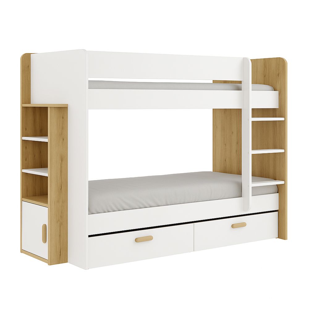 Cama literas con estanterías integradas y cajones,diseño moderno en color blanco y madera