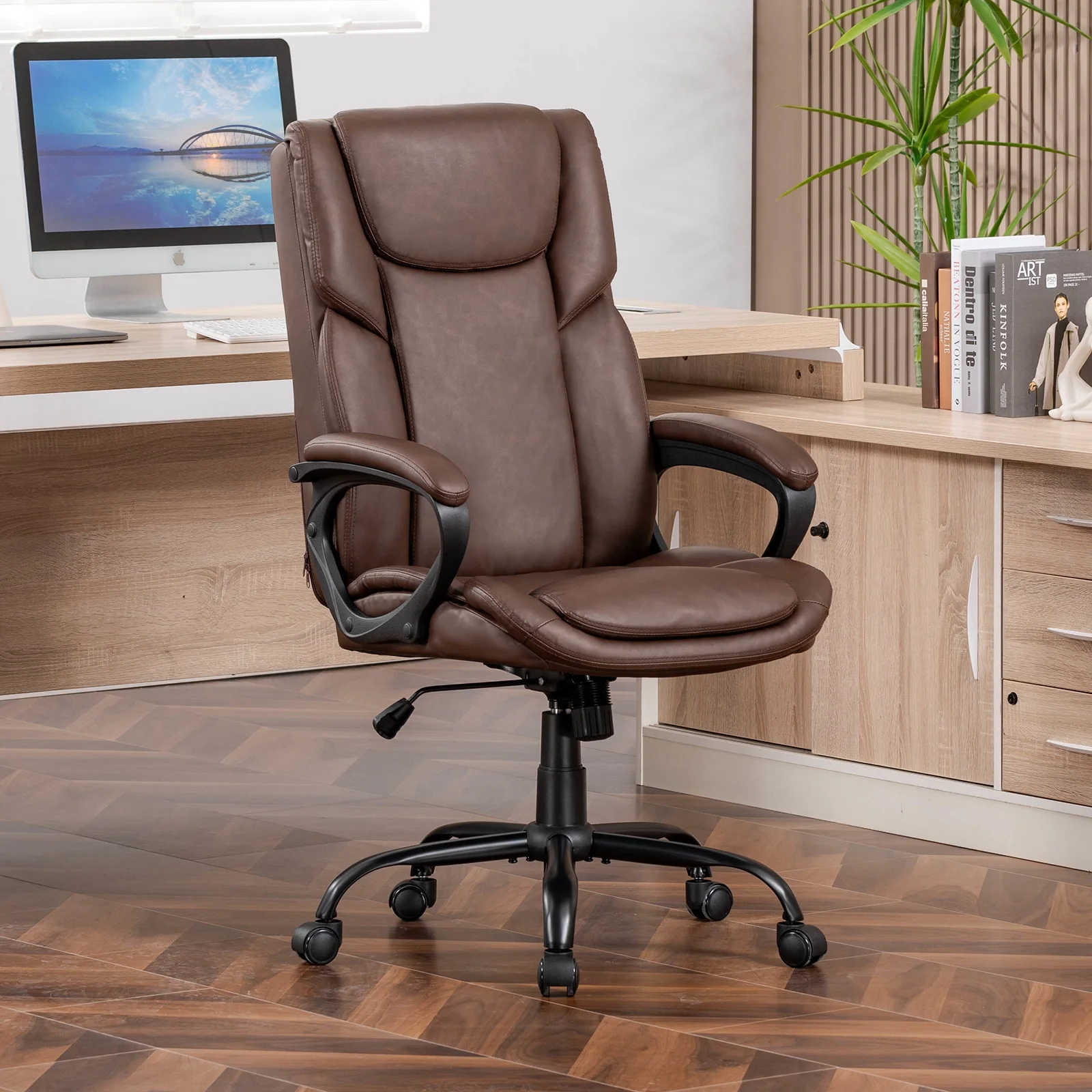 Mainstays Executive Ergonomic High Back Leather Home Office Desk Chair, Black - Image 26