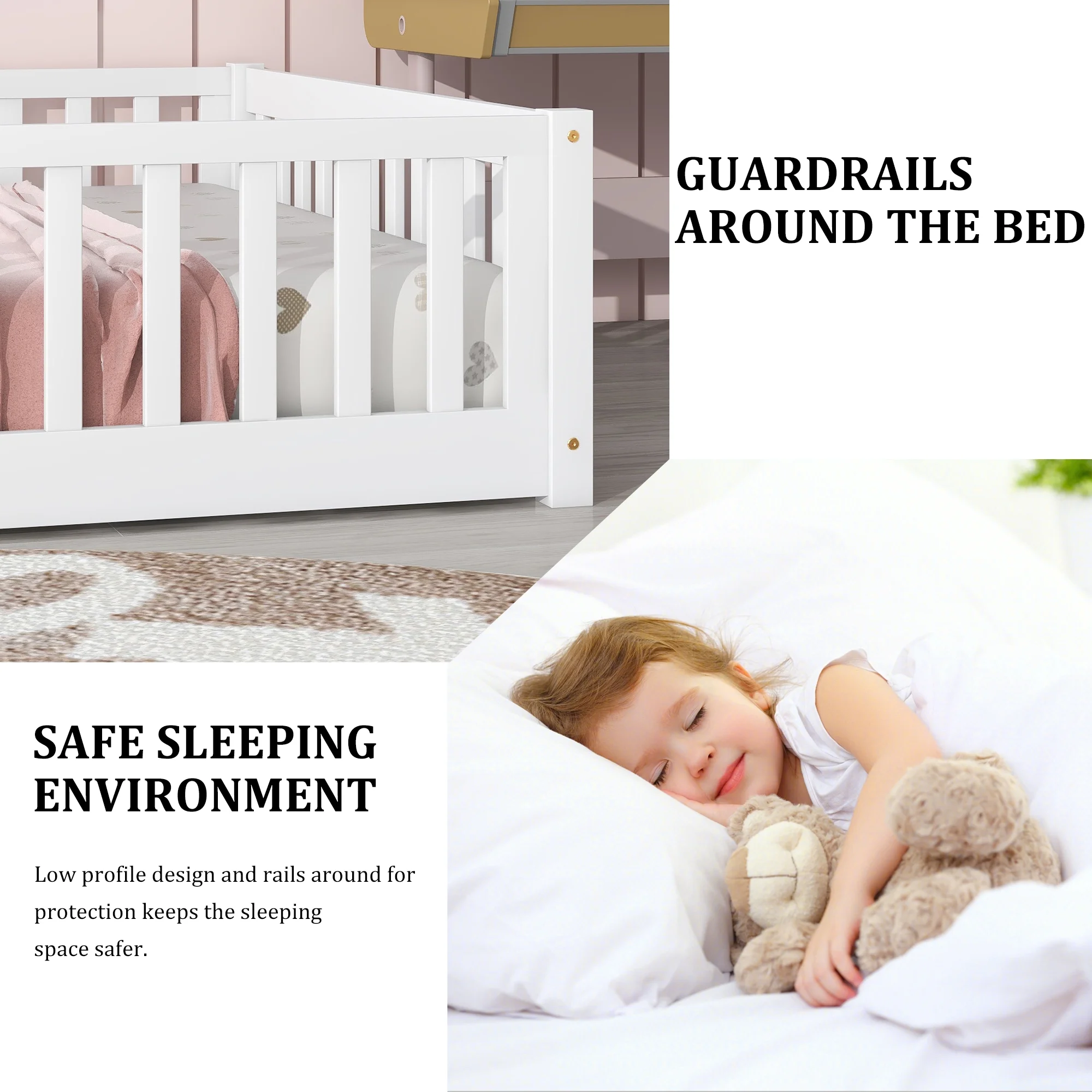 UHOMEPRO Twin Size Floor Bed with Door and Fence, Montessori Floor Bed with Slats and Safety Guardrails, Solid Wood Twin Bed Frame for Bedroom, White - Image 2