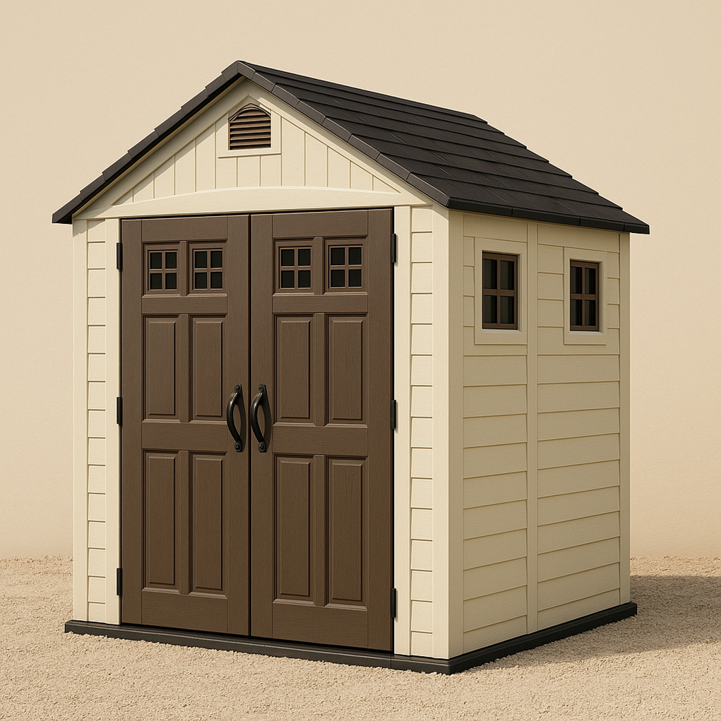 Caseta de jardín de resina rectangular exterior beige/marrón 214x185x235 cm DSuNXQK393Zf
