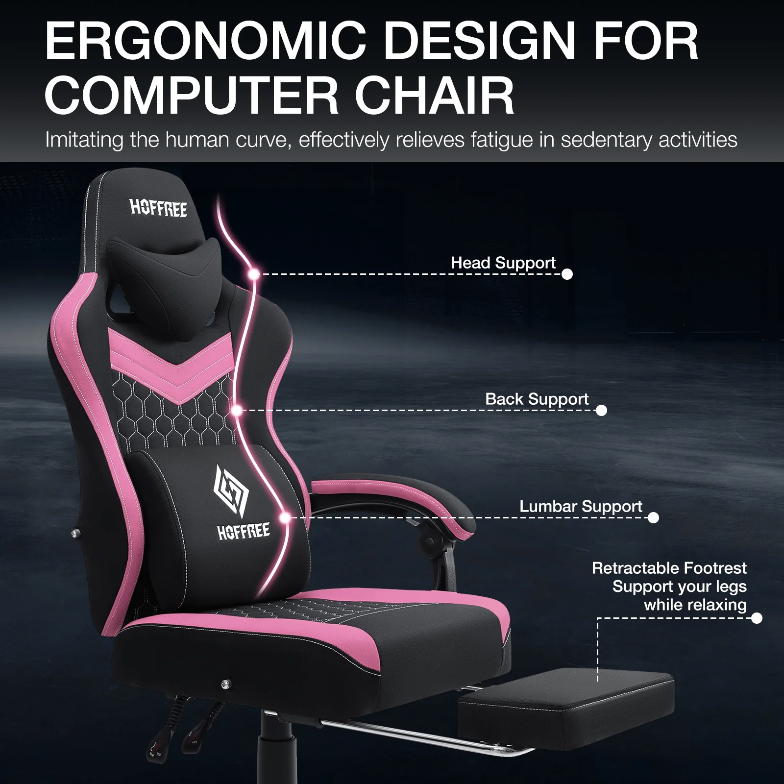 Hoffree Gaming Chair with Massage Fabric Office Chair with footrest for Adults, Ergonomic Gamer Chair with Headrest and Lumbar Support for Office Gaming, 440 LBS - Image 26