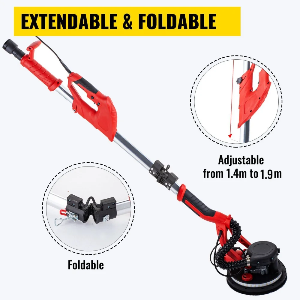 VEVOR Electric Drywall Sander 850W Variable Speed 800-1750 RPM Foldable Sheetrock Sander with Telescope Handle LED Strip Light Vacuum Bag Wall Sander for Professional Use - Image 3