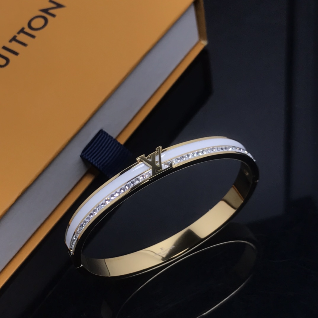 Louis Vuitton White Enamel Diamond LV Bangle Bracelet - Original Replica Club