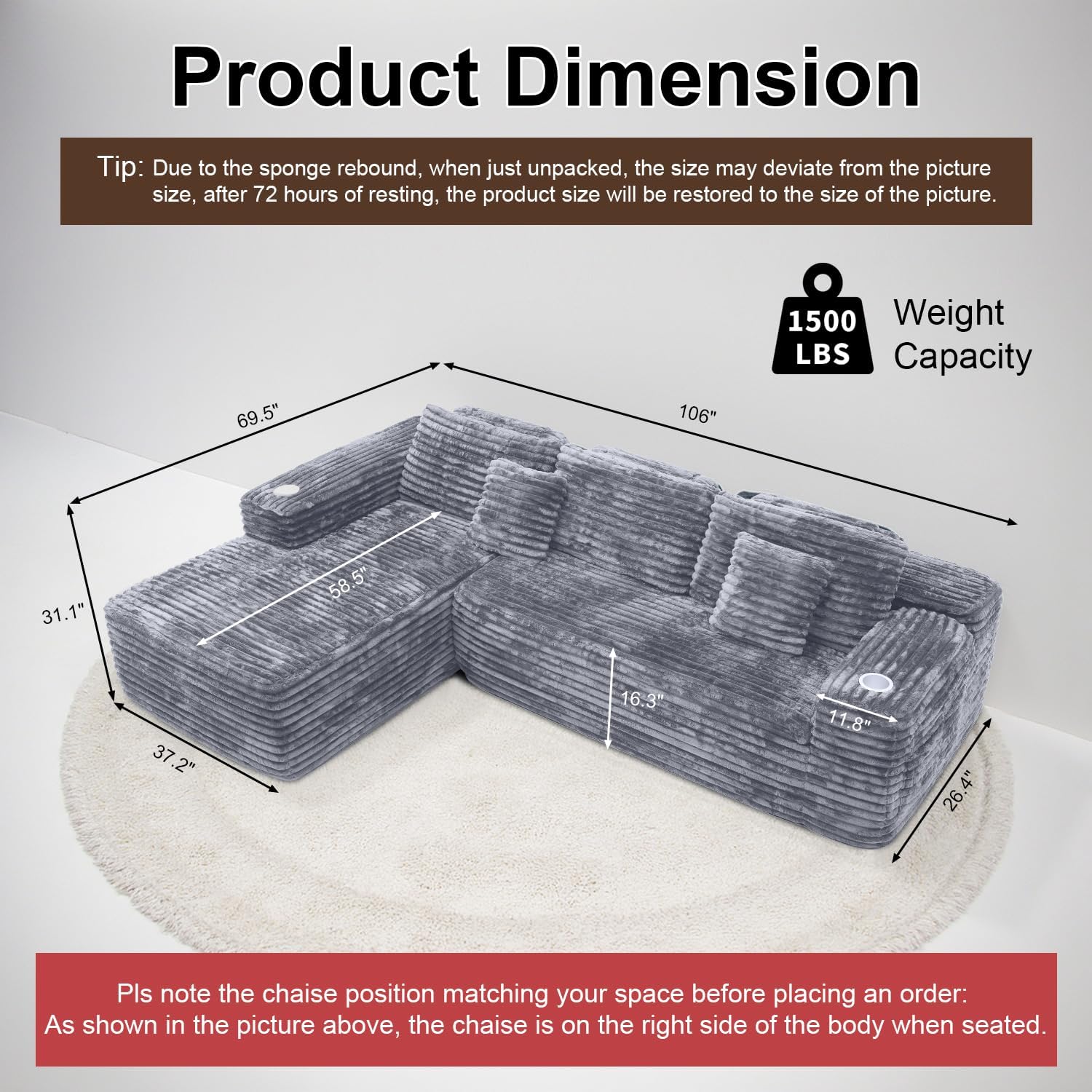 Cloud section sofa with L-shaped recliner modern modular sofa built-in cup holder