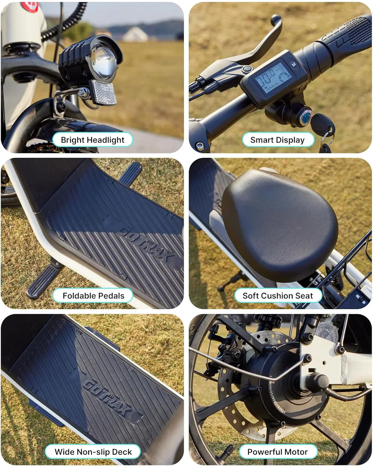 Gotrax adult electric scooter with seat maximum range of 19-25 miles all-terrain tires wide pedals