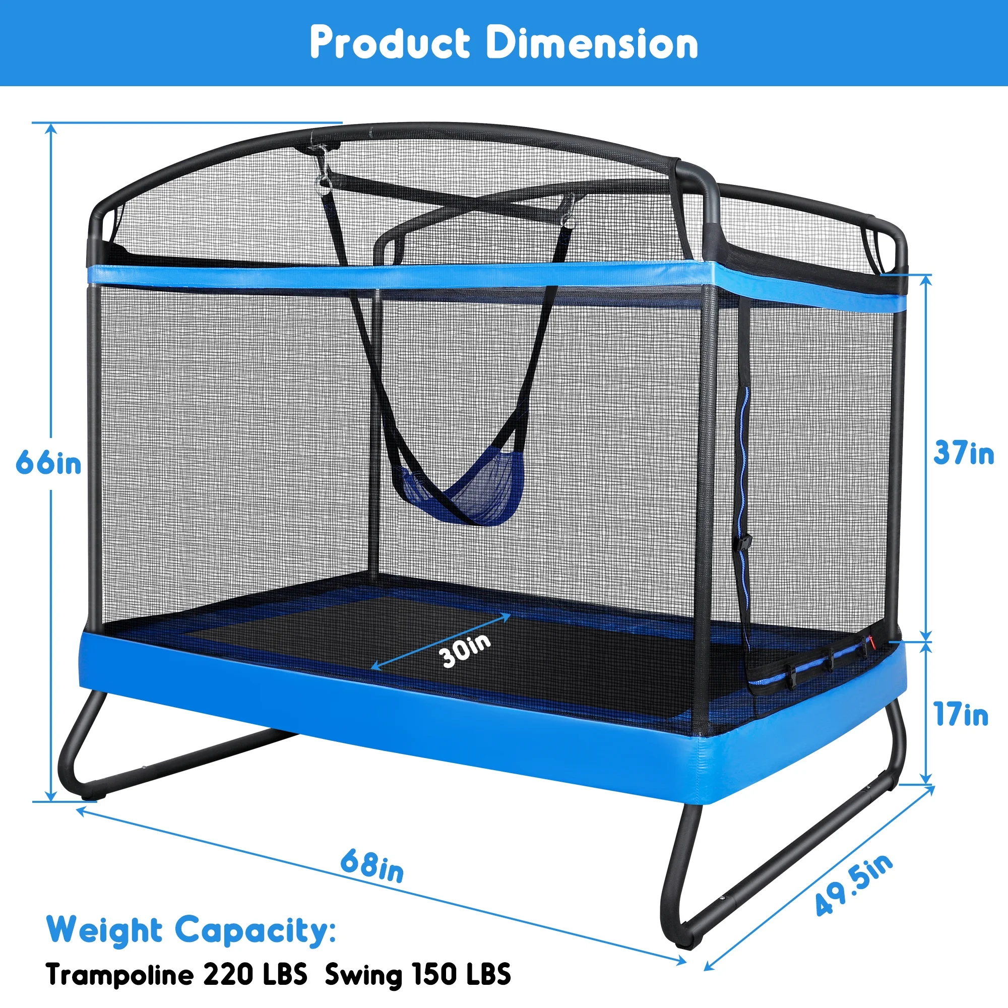 GIKPAL 3-in-1 Kids Trampoline with Swing Set, 6FT Rectangle Toddler Trampoline Indoor/Outdoor for Ages 3-8, Heavy-Duty Jumping Mat for Backyard Play, Blue - Image 7