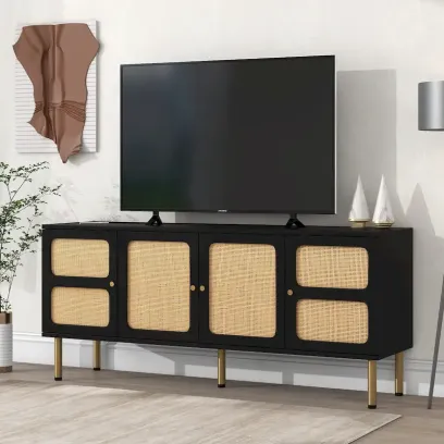 Bohemian Country Wood and Rattan TV Stand Media Console Storage Cabinet - Dimensions: 16.9" x 64.9" x 28.3"