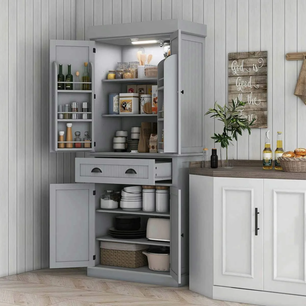 Spaco 17-Tier Kitchen Small Pantry Cabinet with 2 Doors and 6 Adjustable Shelves, Cabinet Pantry, Freestanding 5-Tier Shelving Pantries for Kitchen Storage, Gray - Image 32