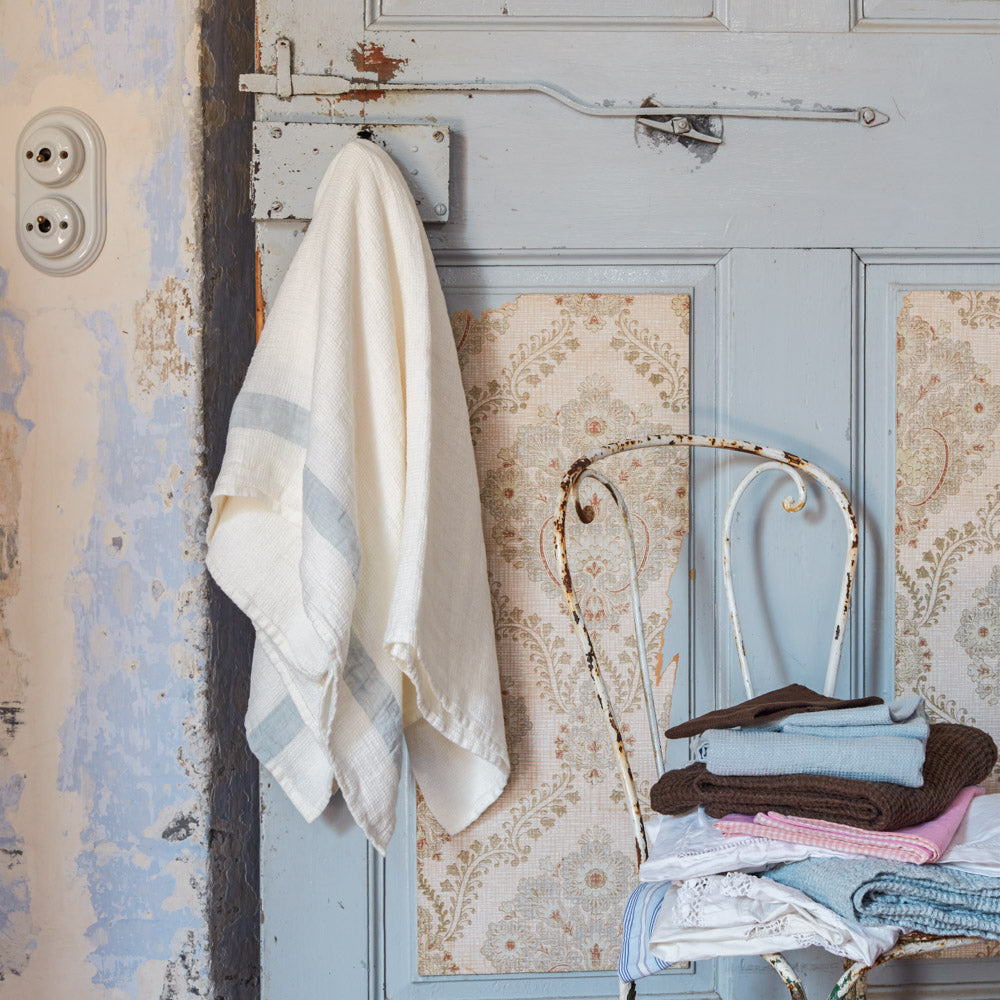 Serviette de bain en lin - Nid d'abeille - Bande Gris Vésuve