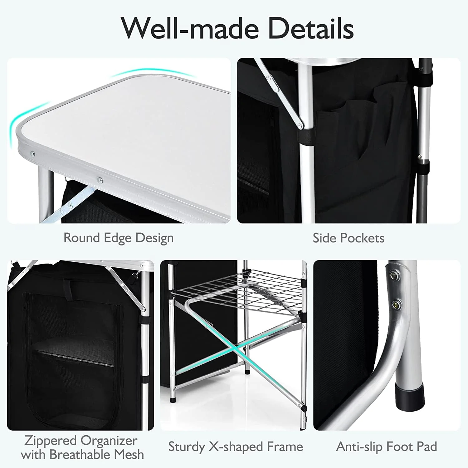 Camping Kitchen Table with Storage, Aluminum Portable Outdoor Cooking Table with Windscreen, Foldable Camp Table Cook Station for BBQ, Grill, Party, Picnics - Image 6
