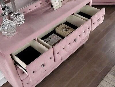 Glam Pink Upholstered Tufted Velvet Like Fabric 4pc Full Size Bed Set Dresser Mirror Nightstand Bedroom Furniture - Image 7