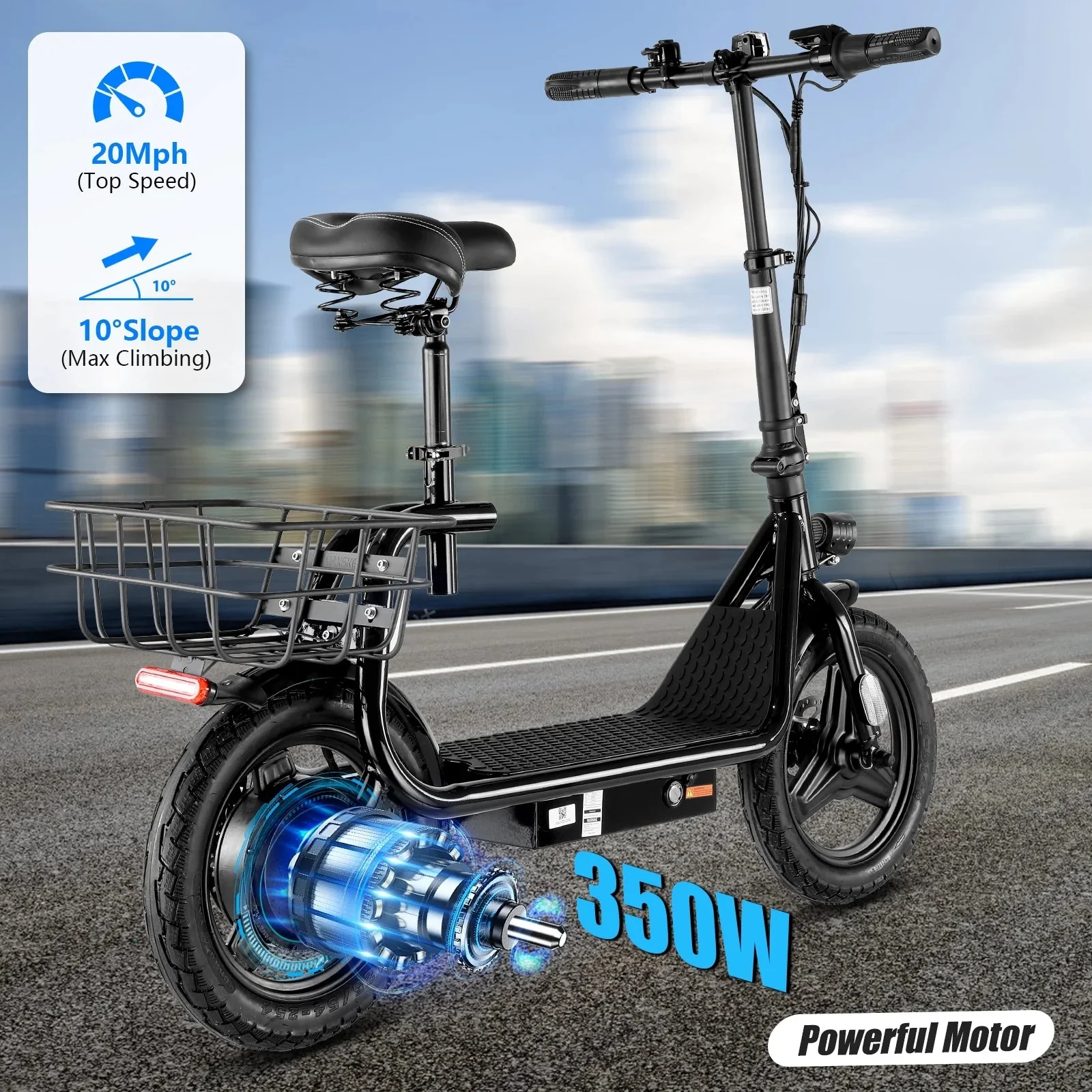 SANOPY Electric Scooter With Seat for Adults, 350W, 15 Miles, 20 Mph, 36V 5.2Ah, 14 inch Tire - Black - Image 7 SANOPY Electric Scooter With Seat for Adults, 350W, 15 Miles, 20 Mph, 36V 5.2Ah, 14 inch Tire - Black - Image 7