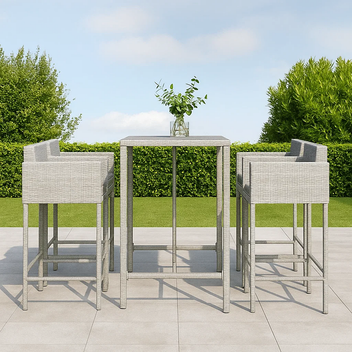 Conjunto de bar para jardín 5 pzas ratán sintético gris claro – mesa alta y 4 taburetes con respaldo