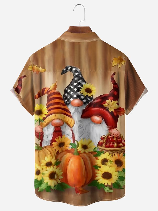 Thanksgiving Gnomes Chest Pocket Short Sleeve Casual Shirt