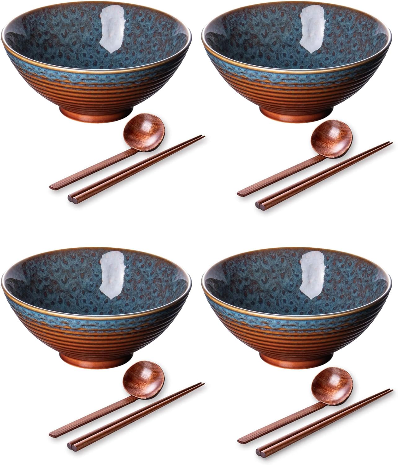 Large Japanese Ramen Bowl Set of 4, Material Safety Ceramic Ramen Bowls with Matching Chopsticks and Spoons, 8 Inch 40oz Pho Bowls Ramen Noodle Bowl for Asian Udon Soup Salad Cereal(Peacock Tail)
