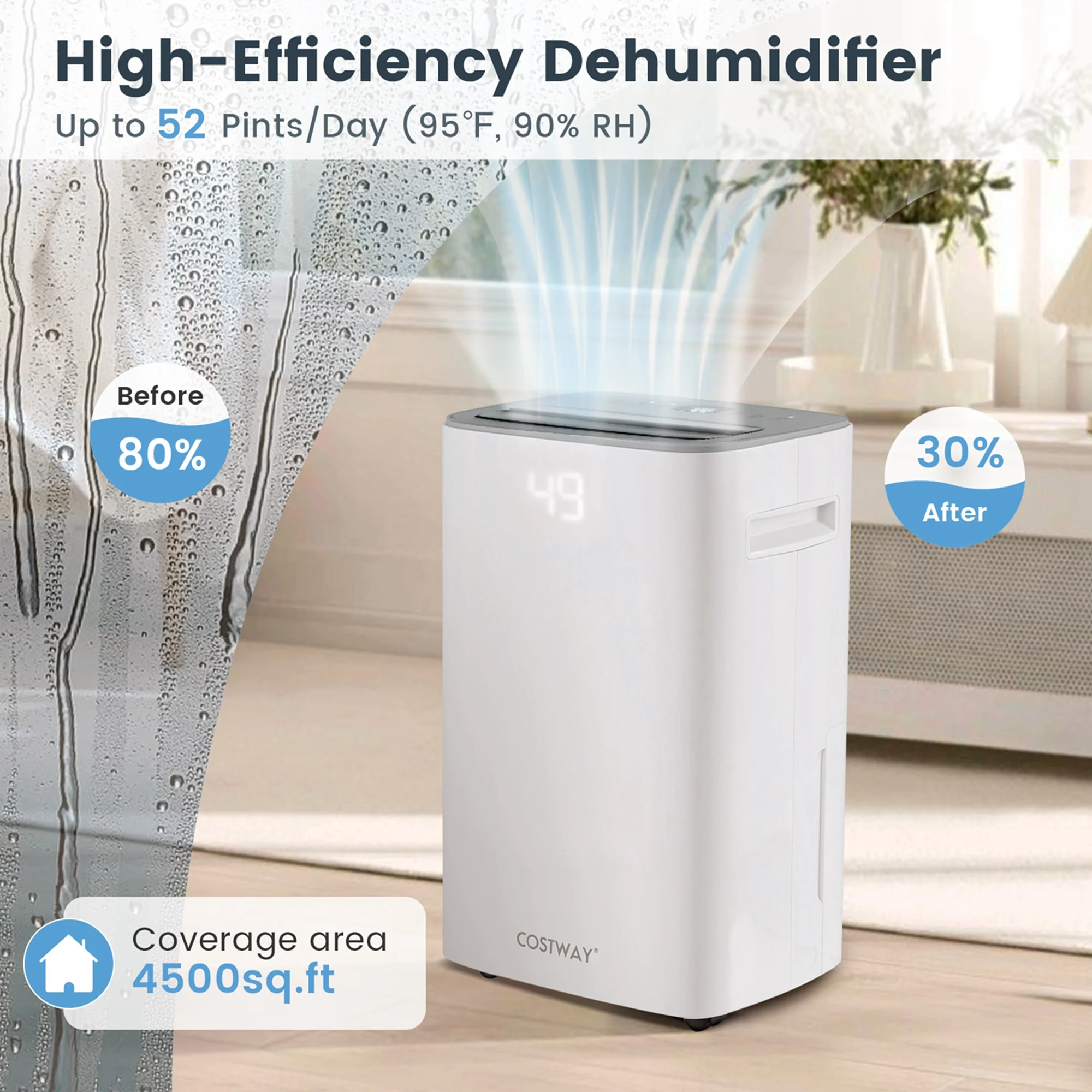 Costway 52 Pint Dehumidifier for Basement 4500 Sq. Ft Portable Dehumidifier 24H Timer - Image 4