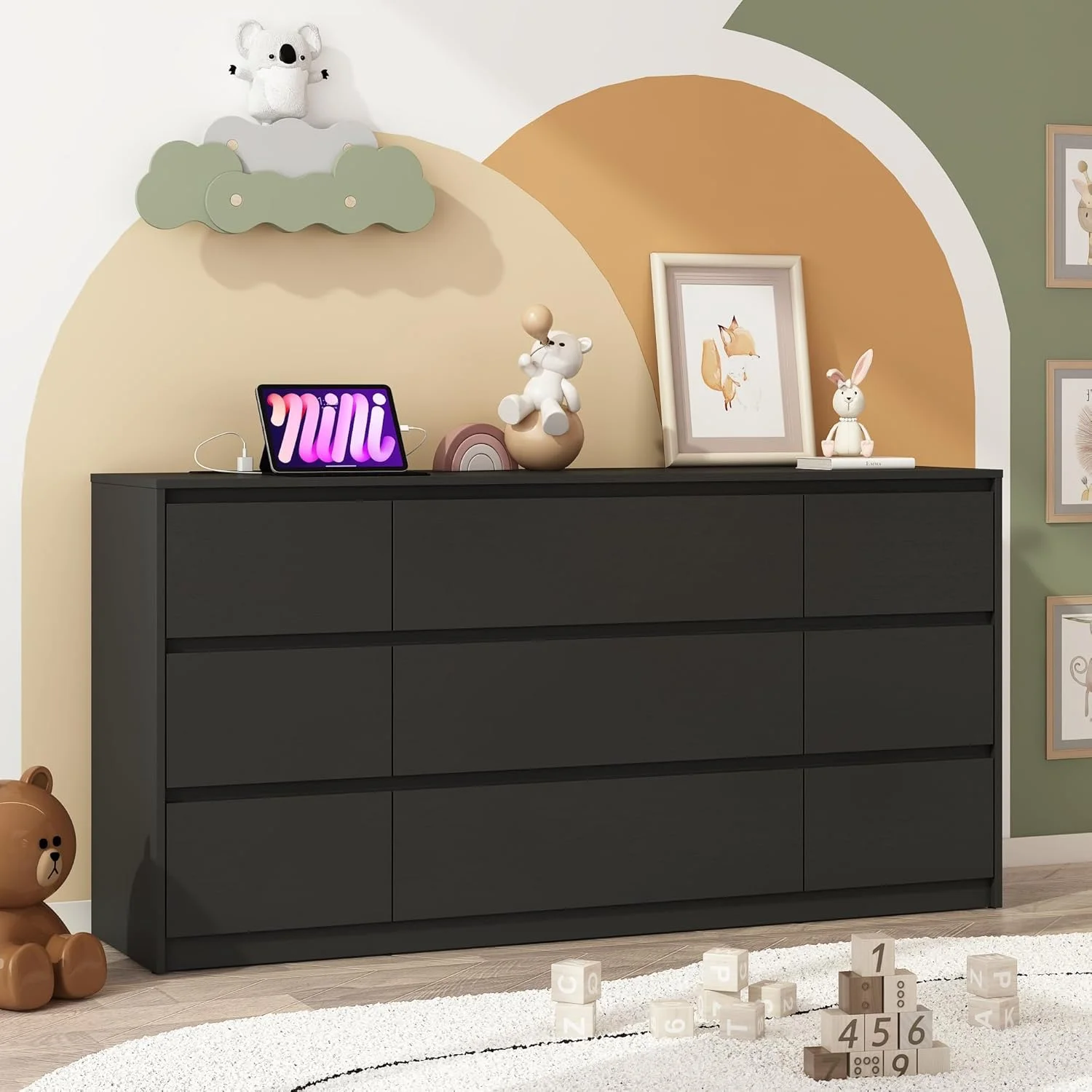 ChVans Black 9 Drawers Dresser with Charging Station, 63" Long Modern Dresser with 9 Drawers for Bedroom, Large Wood Chest of Drawers Handle Free, Dresser for Bedroom, Living Room, Hallway - Image 11