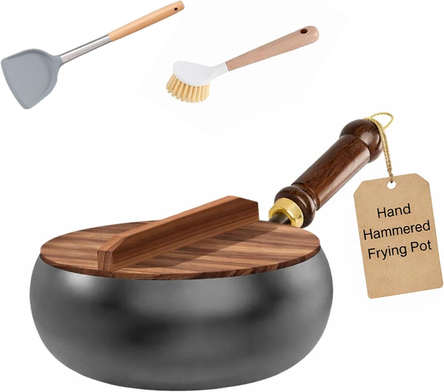 Japanese Cast Iron Wok Pan, Uncoated Thick Cast Iron Wok, Hand Hammered Frying Pot With Wooden Glass Lid (Wooden lid, 7.87in)