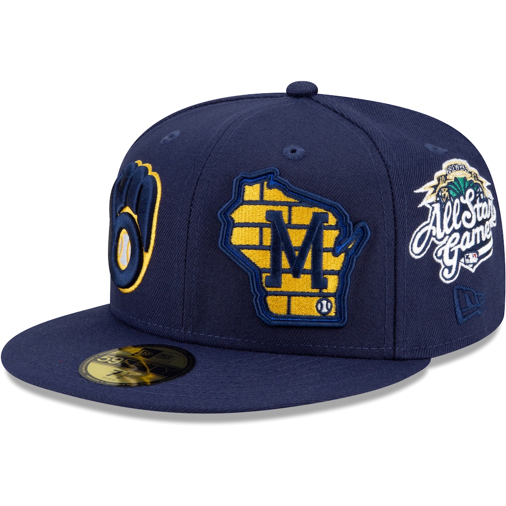 Angled front view of the New Era Milwaukee Brewers Navy Patch Pride 59FIFTY Fitted Hat showing the ball-in-glove logo, Wisconsin state patch, and an embroidered All-Star Game side patch.