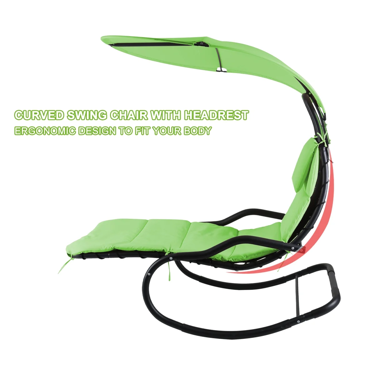 2X Rocking Hanging Lounge Chair - Curved Chaise Rocking Lounge Chair Swing For Backyard Patio w/ Built-in Pillow Removable Canopy with stand {Green} - Image 9